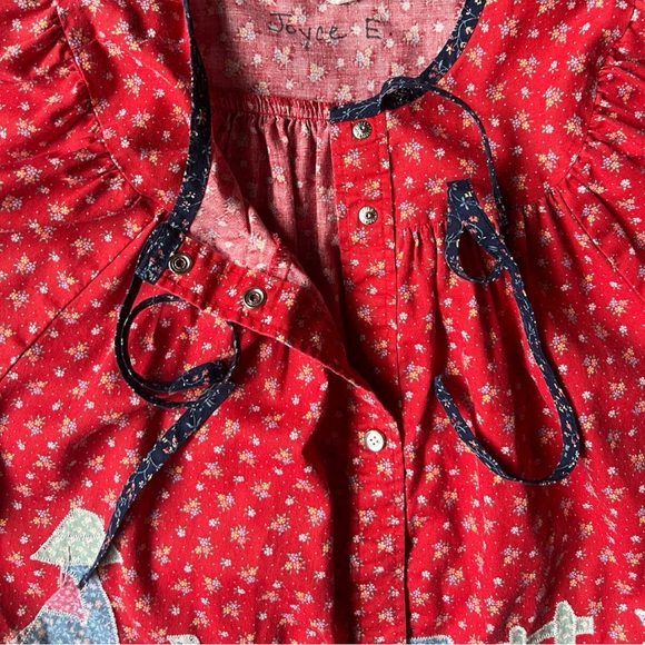 70s Vintage Red Calico Print Dress / Duster / Jacket - Picture 3 of 5